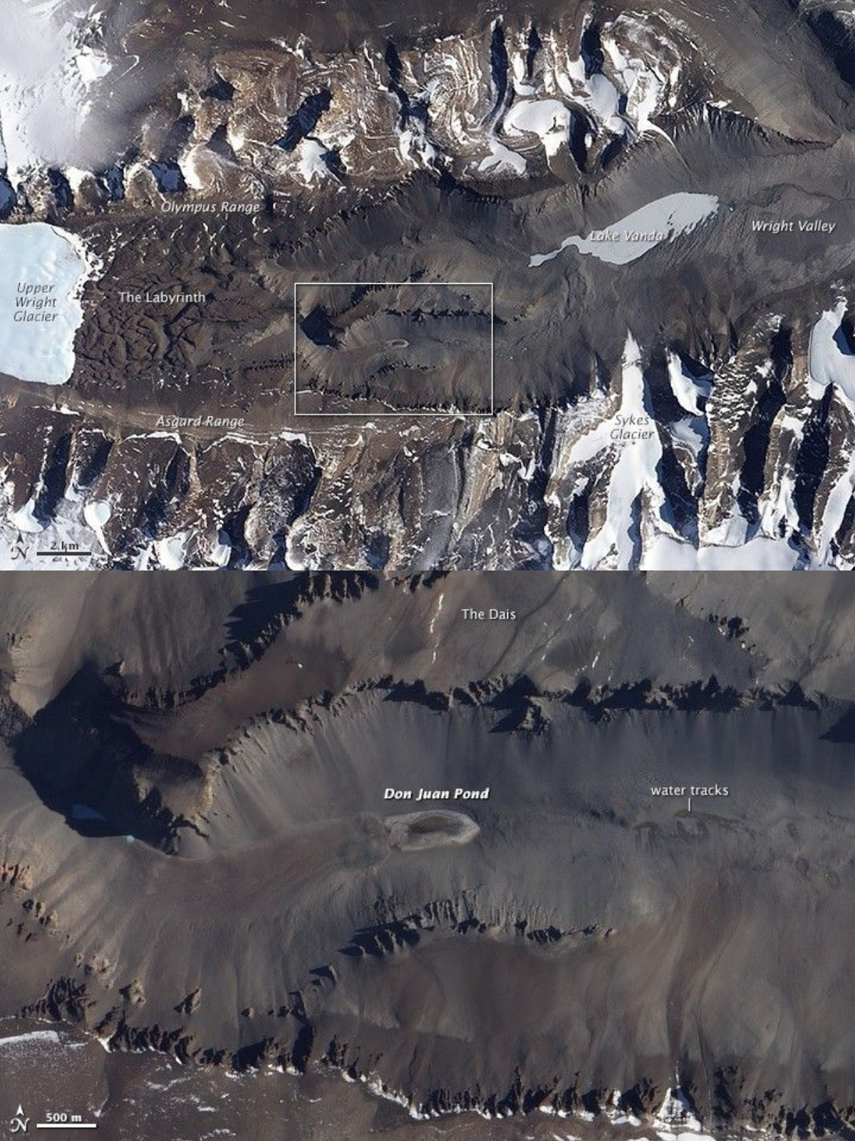 Two satellite images of Antarctica's Wright Valley. The bottom one is a close-up showing Don Juan Lake.