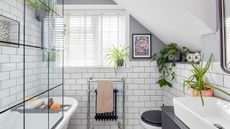 White bathroom with grey walls and white sanitary ware with green houseplants