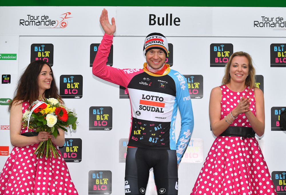 Lotto Soudal's Sander Armee in the mountains jersey after stage 2 at Tour de Romandie