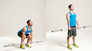 Man demonstrates two positions of the deadlift using an empty Olympic barbell