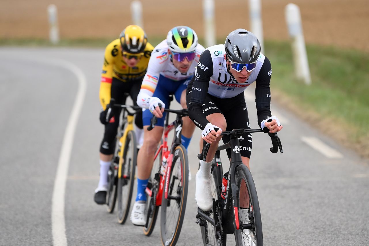 LA VERRIERE, FRANCE - MARCH 05: Tadej Pogacar of Slovenia and UAE Team Emirates attacks during the 81st Paris - Nice 2023, Stage 1 a 169.4km stage from La Verri&Atilde;&uml;re to La Verri&Atilde;&uml;re / ParisNice / on March 05, 2023 in La Verriere, France. (Photo by Alex Broadway/Getty Images)