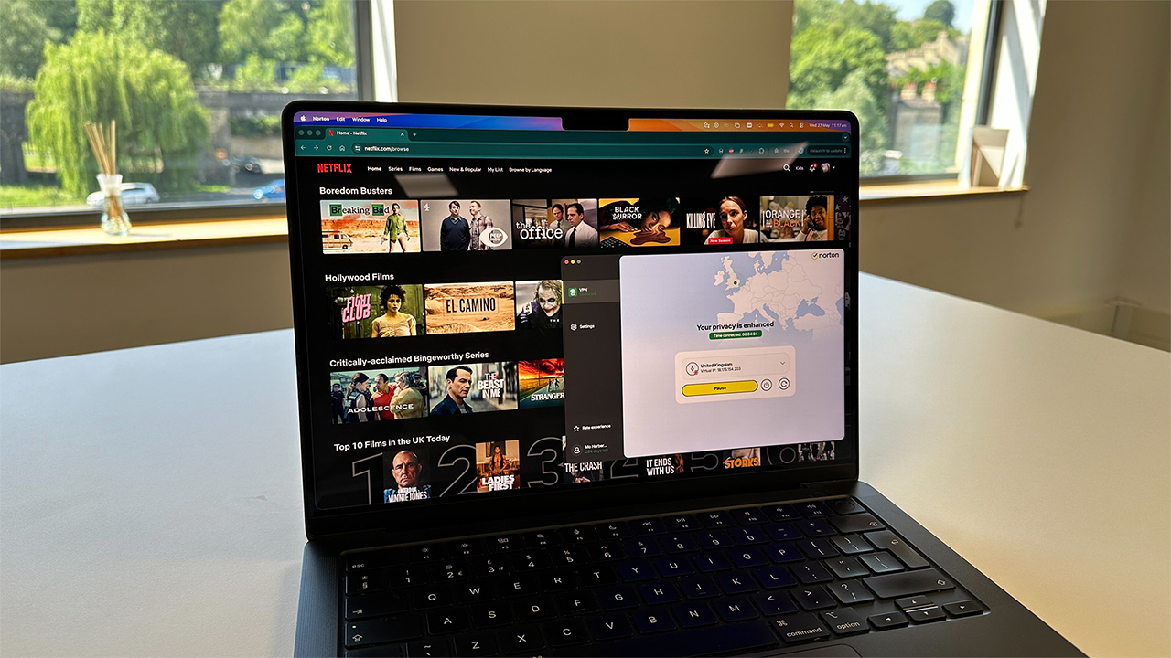 Norton VPN connected on Mac laptop unblocking Netflix