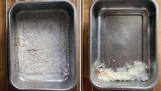Oven tray showing dishwashing powder sprinkled in to soak up grease and burnt-on food as the best way how to clean oven. trays without scrubbing