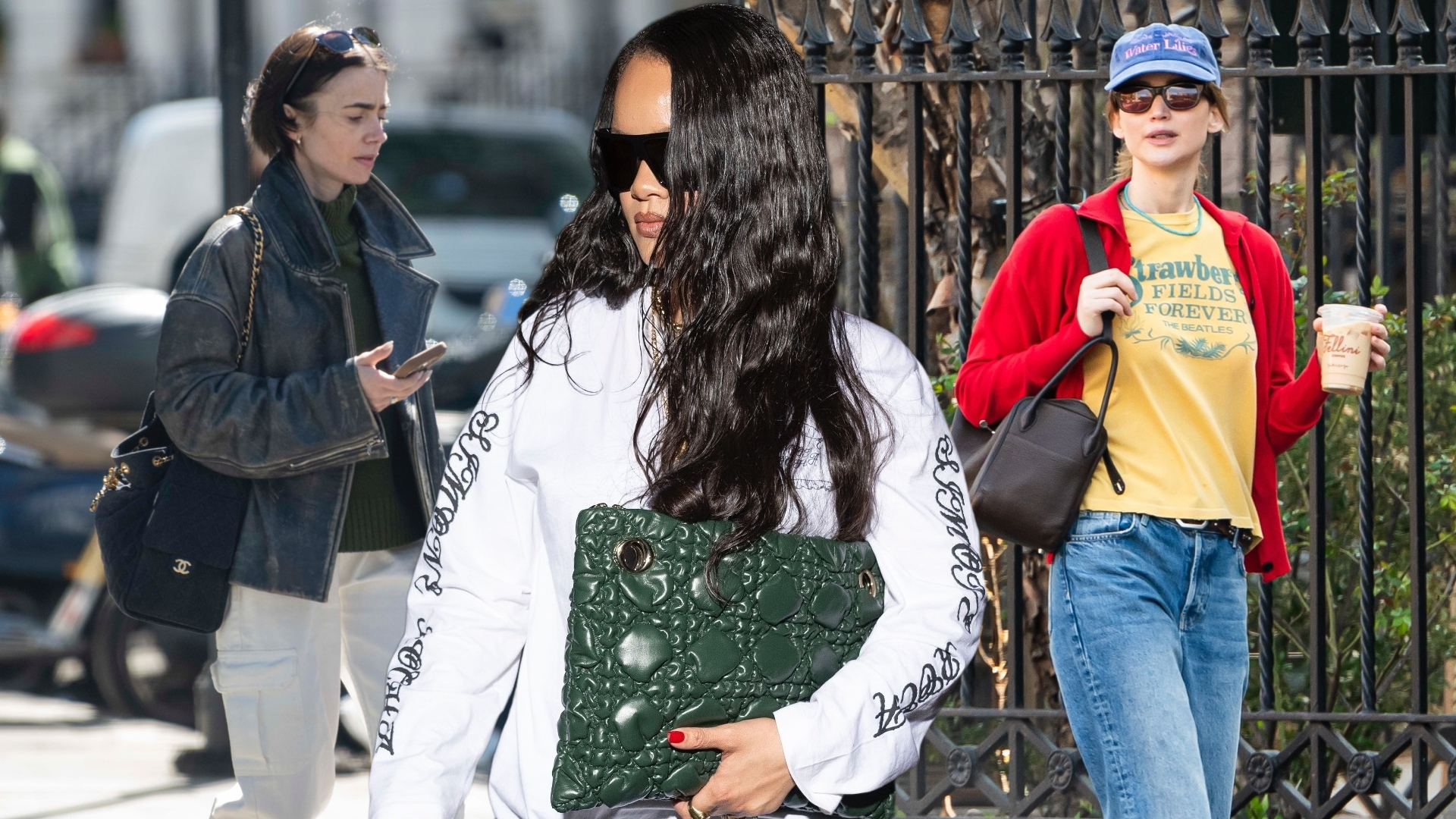 rich celebrity moms including Lily Collins, Rihanna, and Jennifer Lawrence out in New York City