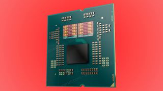 An image of a delidded AMD Ryzen 9000 series desktop CPU, showing an impression of the die structures in the two top chiplets