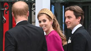 Princess Beatrice of York and Edoardo Mapelli Mozzi arrive at the Coronation of King Charles III and Queen Camilla on May 06, 2023 in London, England. The Coronation of Charles III and his wife, Camilla, as King and Queen of the United Kingdom of Great Britain and Northern Ireland, and the other Commonwealth realms takes place at Westminster Abbey today. Charles acceded to the throne on 8 September 2022, upon the death of his mother, Elizabeth II.