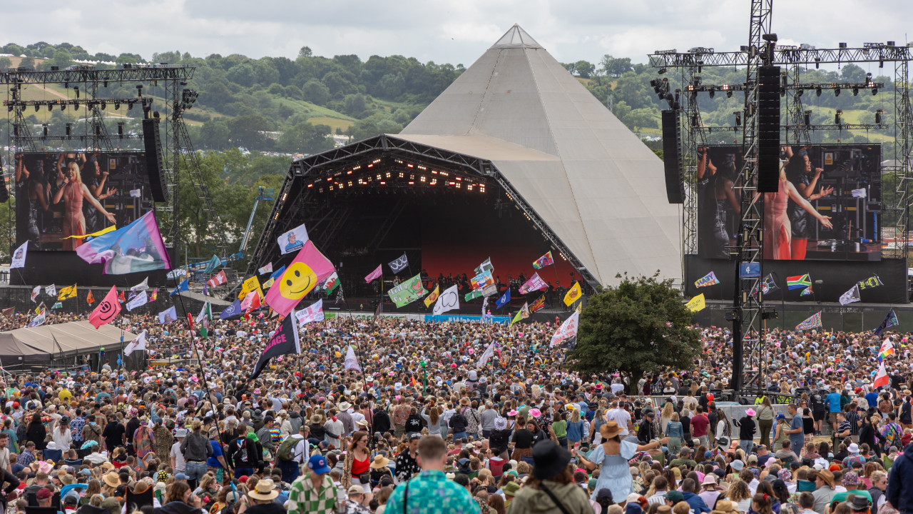 A shot of the Glastonbury Festival&#039;s Pyramid Stage in 2024