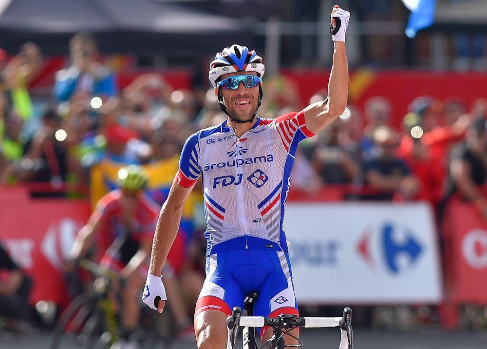 Thibaut Pinot celebrates winning stage 19 at the Vuelta