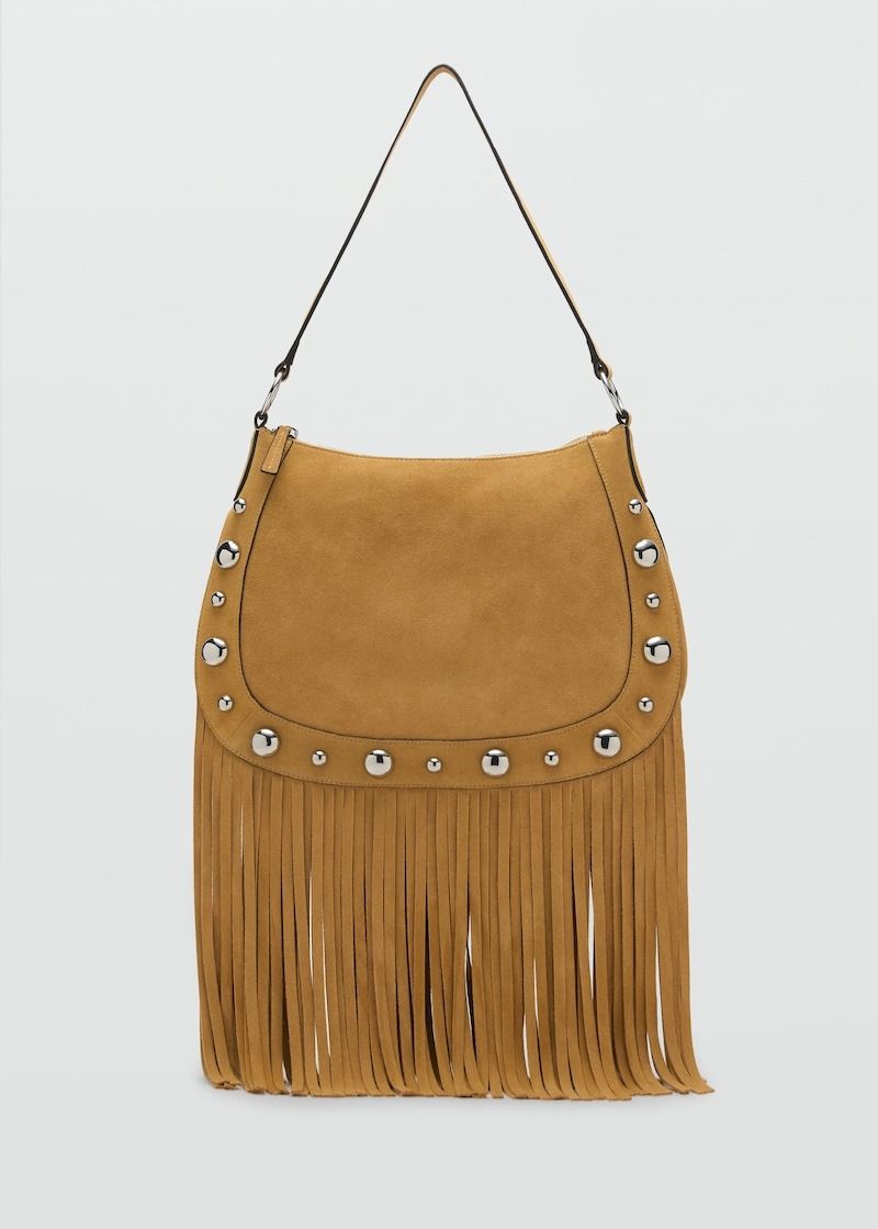 Mango, Suede Bag With Fringes and Stud Details