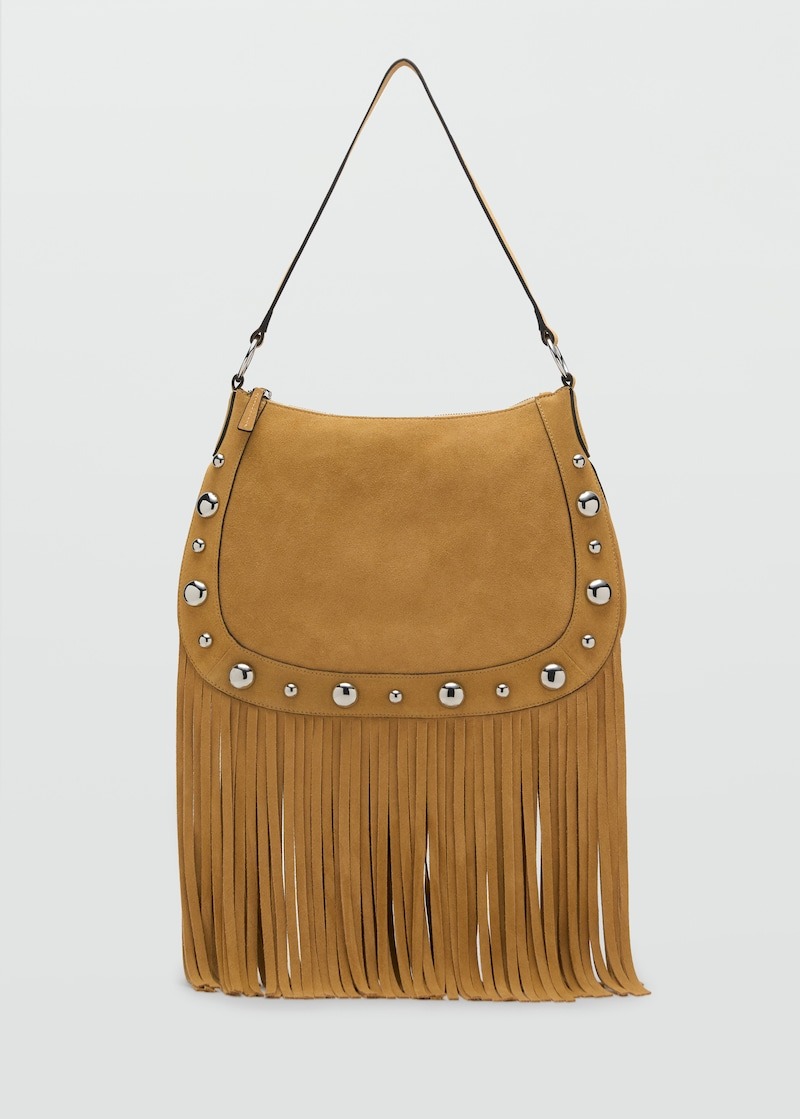 Mango, Suede Bag With Fringes and Stud Details