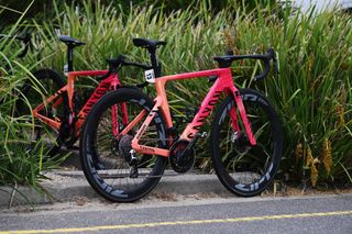 A pink canyon road bike is up against a green background