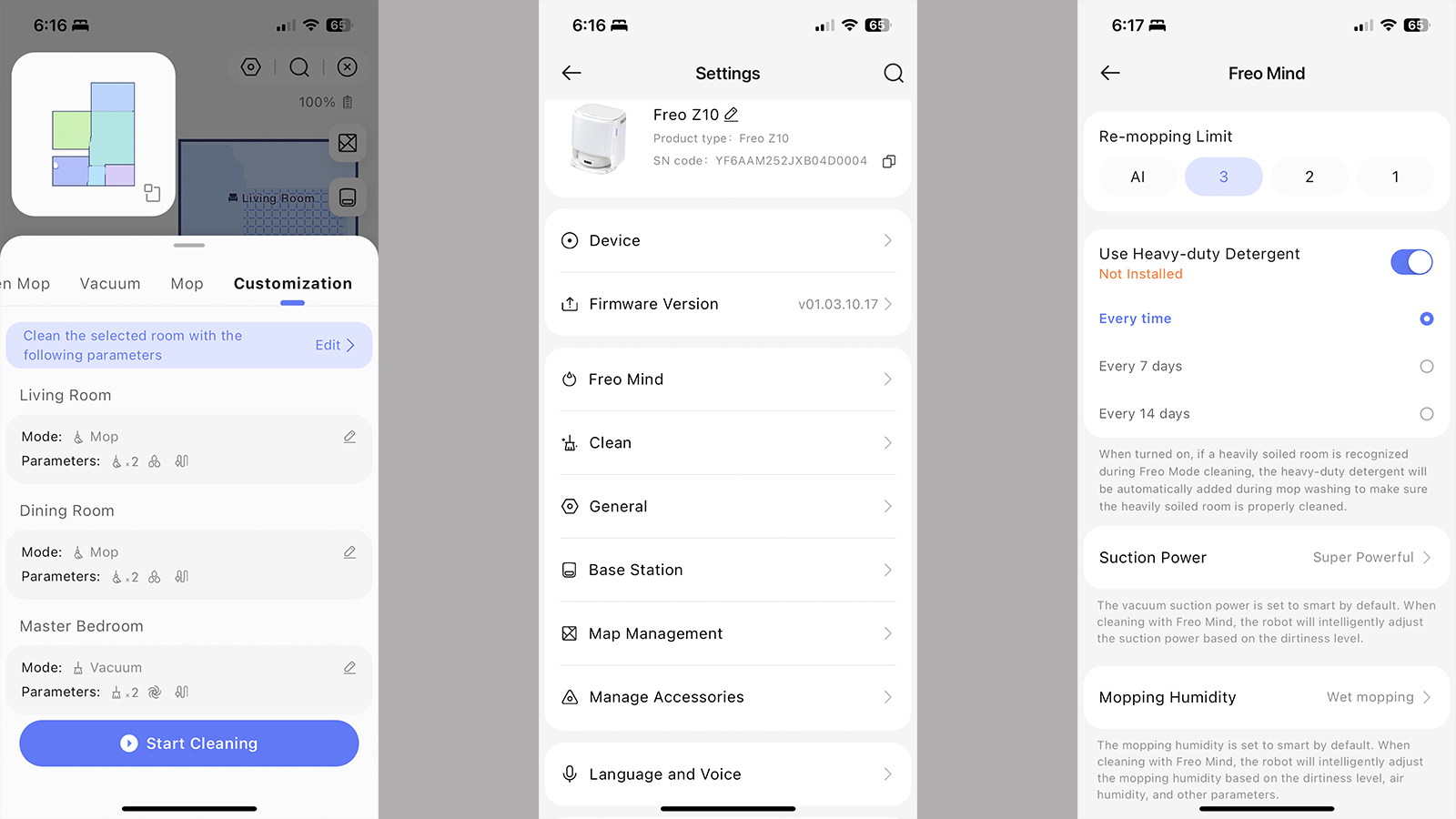 Screenshots from the Narwal Freo app