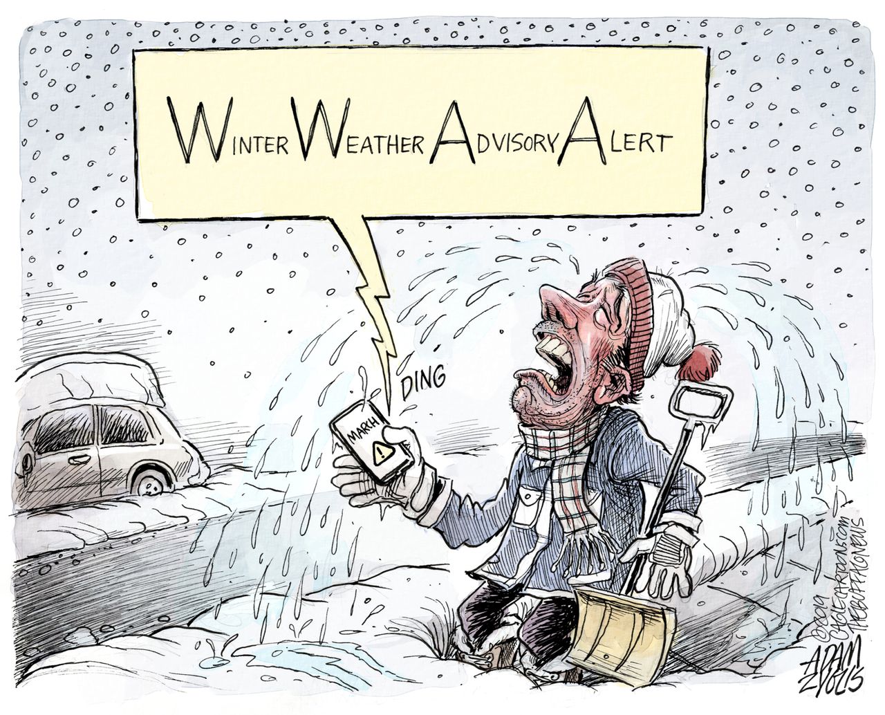 Editorial Cartoon U.S. March sadness Winter weather advisory alert