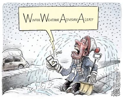 Editorial Cartoon U.S. March sadness Winter weather advisory alert