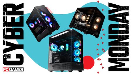 Three gaming PCs on a Cyber Monday background
