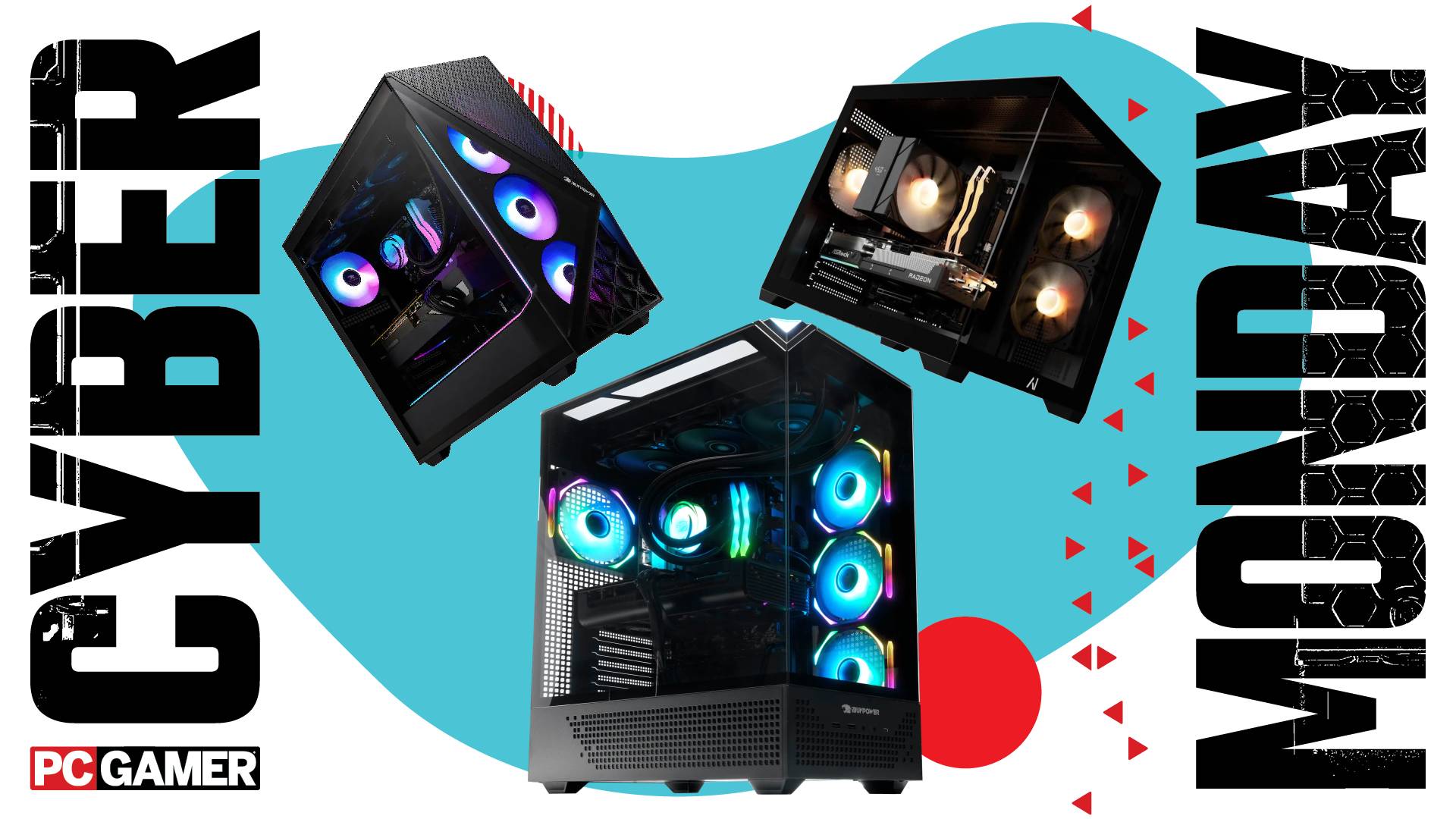 Three gaming PCs on a Cyber Monday background