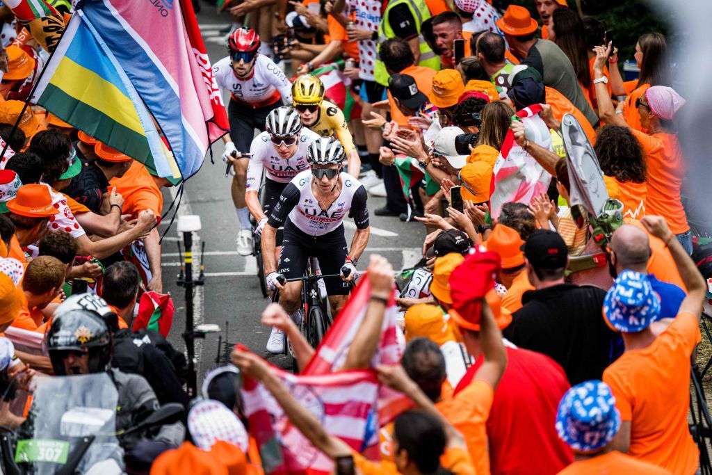 French Victor Lafay of Cofidis Danish Jonas Vingegaard of JumboVisma Slovenian Tadej Pogacar of UAE Team Emirates and British Adam Yates of UAE Team Emirates pictured in action during the first stage of the Tour de France cycling race a 182 km race from Bilbao to Bilbao Spain Saturday 01 July 2023 This years Tour de France takes place from 01 to 23 July 2023 BELGA PHOTO JASPER JACOBS Photo by JASPER JACOBS BELGA MAG Belga via AFP Photo by JASPER JACOBSBELGA MAGAFP via Getty Images