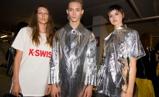 Matthew Miller S/S 2019 - Two models wear aluminium foil dresses and collared shirts