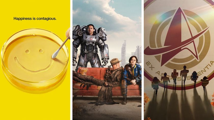 Split image showing promo images for three upcoming sci-fi TV shows: Pluribus, Fallout season 2, and Star Trek: Starfleet Academy