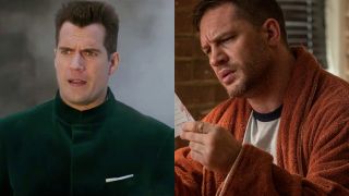 Henry Cavill pictured in green velvet in Argylle and Tom Hardy pictured in an orange bathrobe in Venom: Let There Be Carnage, shown side by side.