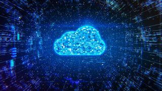 A virtual image of a cloud in light blue on a dark blue background signifying public cloud