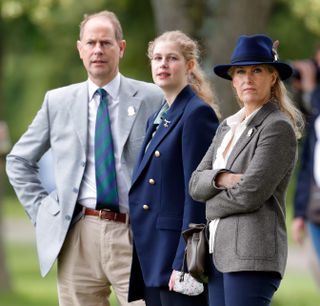 Prince Edward, Earl of Wessex, Lady Louise Windsor and Sophie, Countess of Wessex watch the carriage driving marathon event as they attend day 3 of the Royal Windsor Horse Show