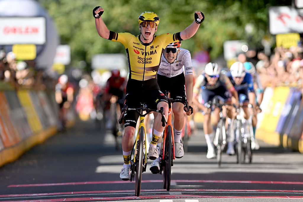 ZAKOPANE, POLAND - AUGUST 08: (L-R) Matthew Brennan of Great Britain and Team Visma | Lease a Bike celebrates at finish line as stage winner ahead of Ben Turner of Great Britain and Team INEOS Grenadiers - White Points Jersey during the 82nd Tour de Pologne 2025, Stage 5 a 206.1km stage from Katowice to Zakopane / #UCIWT / on August 08, 2025 in Zakopane, Poland. (Photo by Luc Claessen/Getty Images)