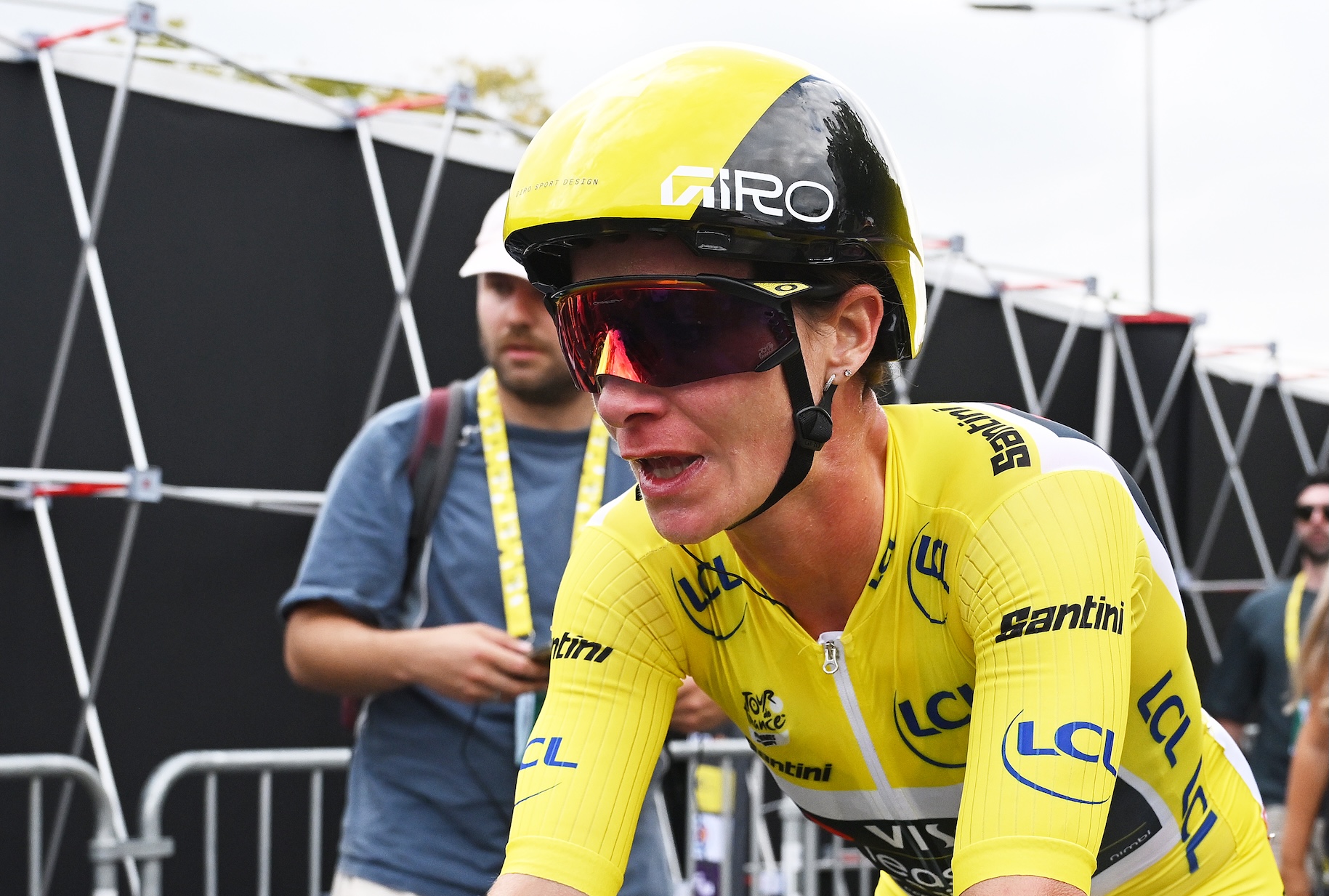 POITIERS, FRANCE - JULY 29: Marianne Vos of Netherlands and Team Visma | Lease a Bike - Yellow Leader Jersey reacts after the 4th Tour de France Femmes 2025, Stage 4 a 130.7km stage from Saumur to Poitiers / #UCIWWT / on July 29, 2025 in Poitiers, France. (Photo by Szymon Gruchalski/Getty Images)