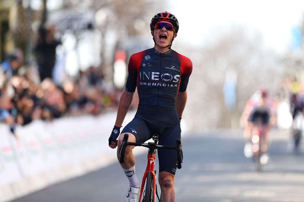 SAN MARINO ITALY MARCH 24 Ben Tulett of United Kingdom and Team INEOS Grenadiers celebrates at finish line as stage winner during the 36th Settimana Internazionale Coppi e Bartali 2022 Stage 3 a 1471km stage from San Marino to San Marino 648m CoppieBartali on March 24 2022 in San Marino Italy Photo by Dario BelingheriGetty Images