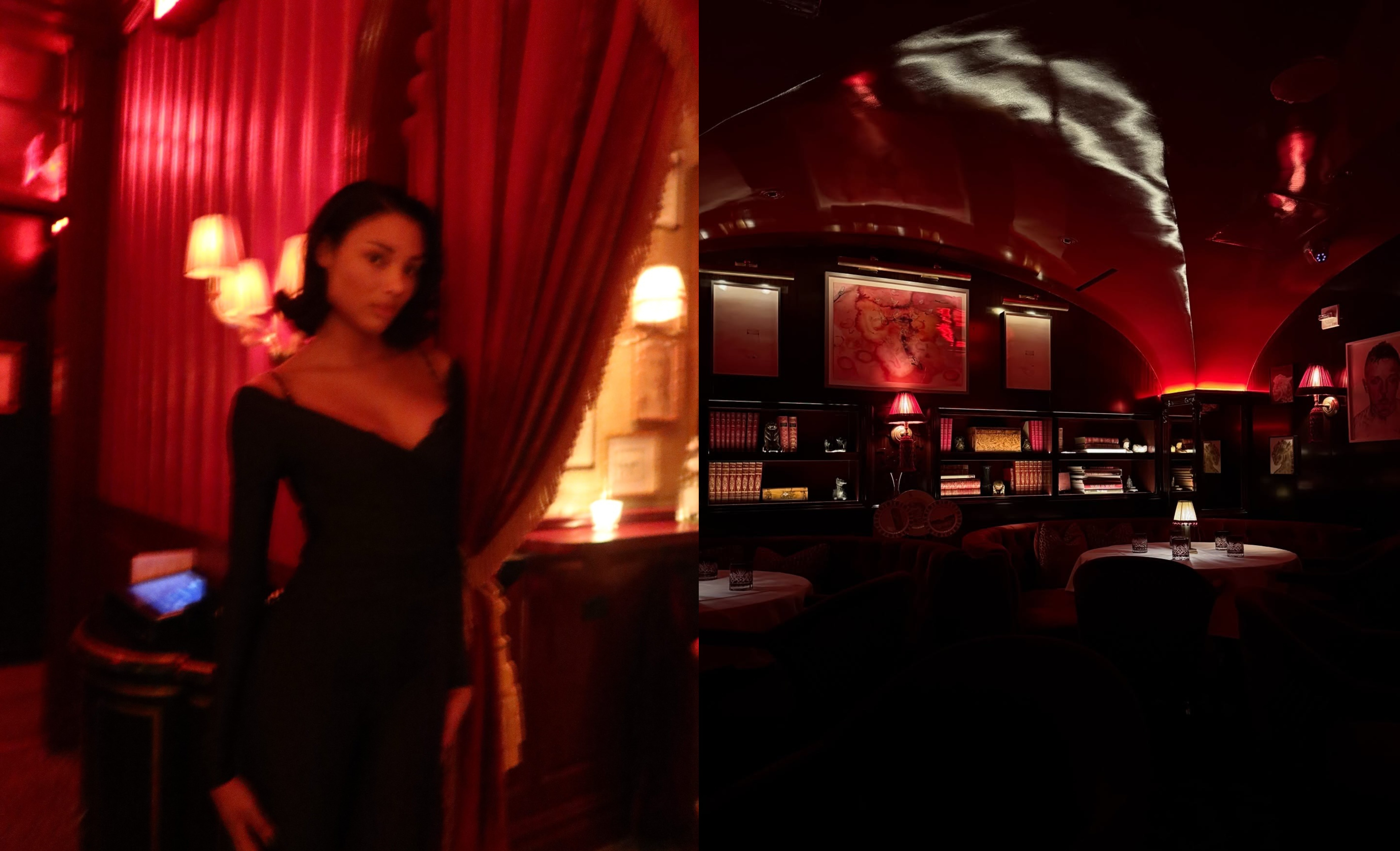 Woman wearing a black dress in a dark, red-velvet-covered bar