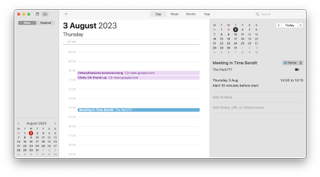 A screenshot of Joshua Wolens' schedule from August 3, 2023. A meeting with Time Bandit is scheduled for 2 pm.