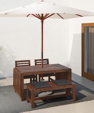 Ikea aepplaroe table 2 armchairs and bench outdoor brown stained