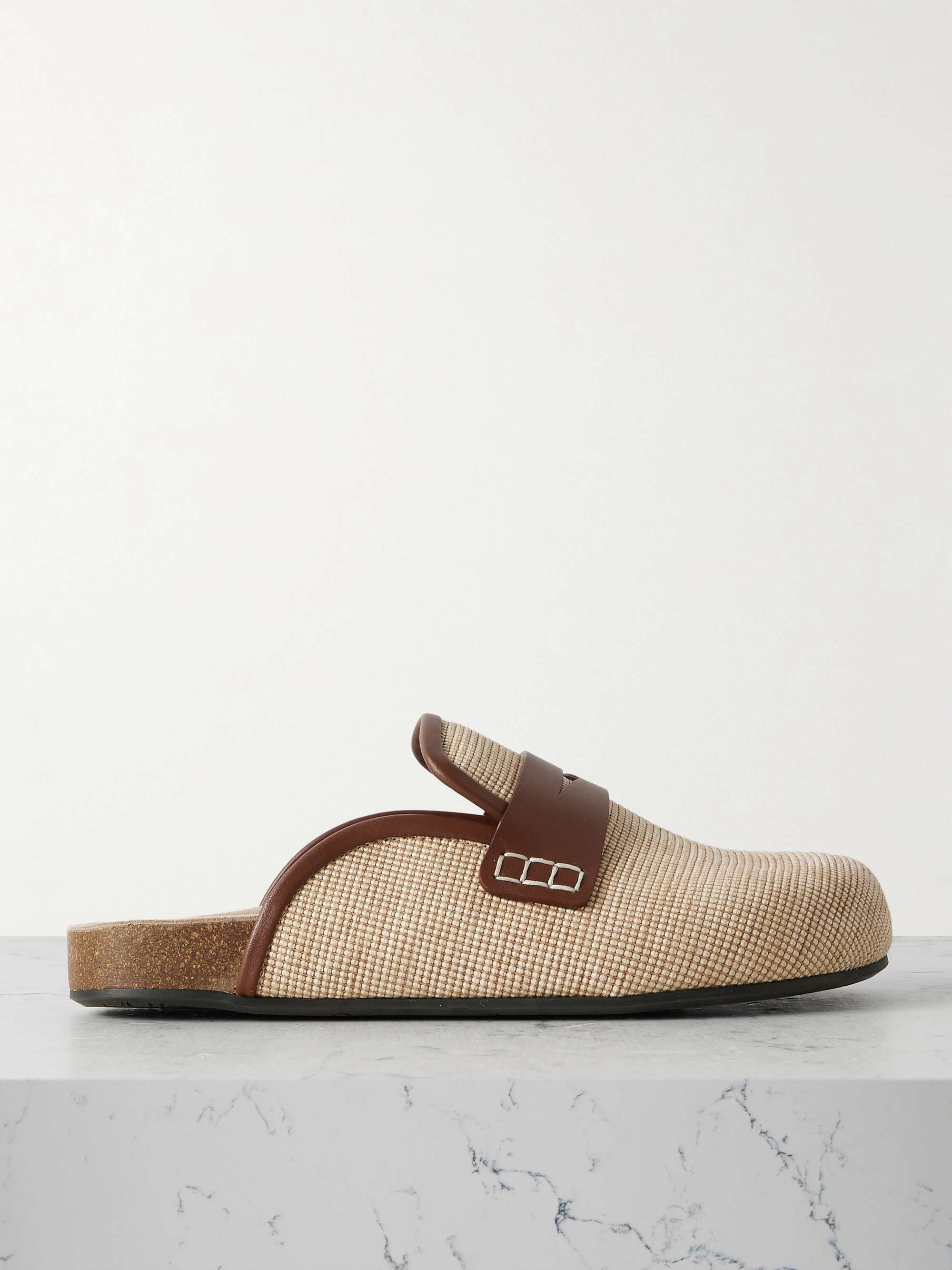 Leather-Trimmed Textured-Canvas Clogs