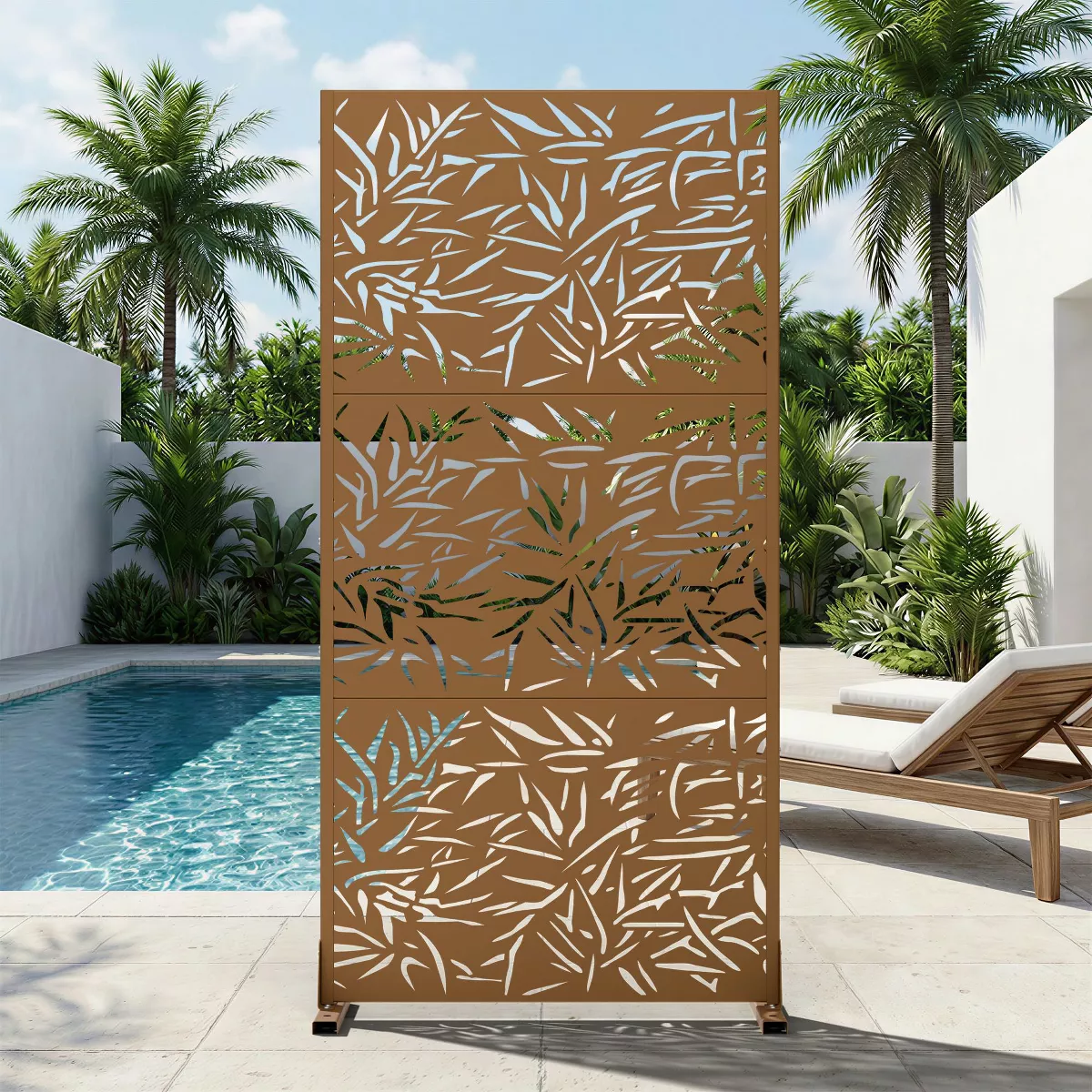 Pexfix 72" Hx35" W Bamboo Leaf Silhouette Cutout Galvanized Steel Freestanding Privacy Screen for Outdoor Garden Patio Lawn Courtyard