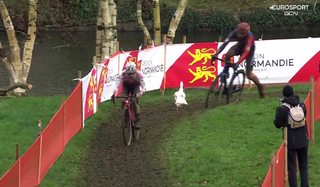 A stray goose on the World Cup Flamanville course avoids a collision with Pim Ronhaar