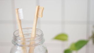 Two wooden manual toothbrushes in a glass holder