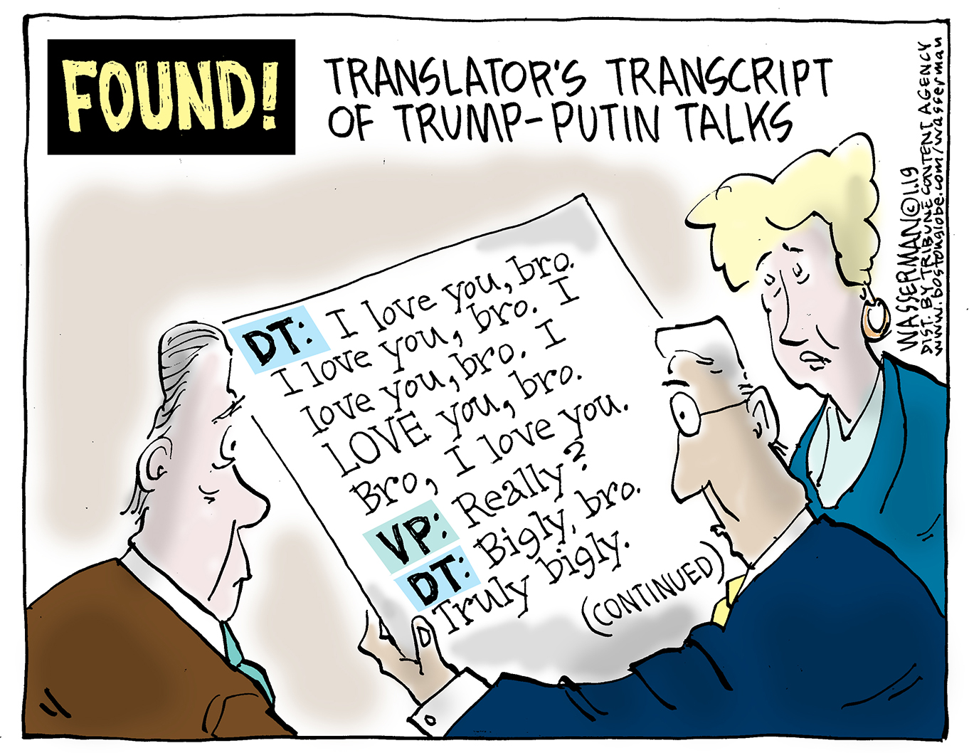 Political cartoon U.S. Trump Putin Russia secret talk transcript 