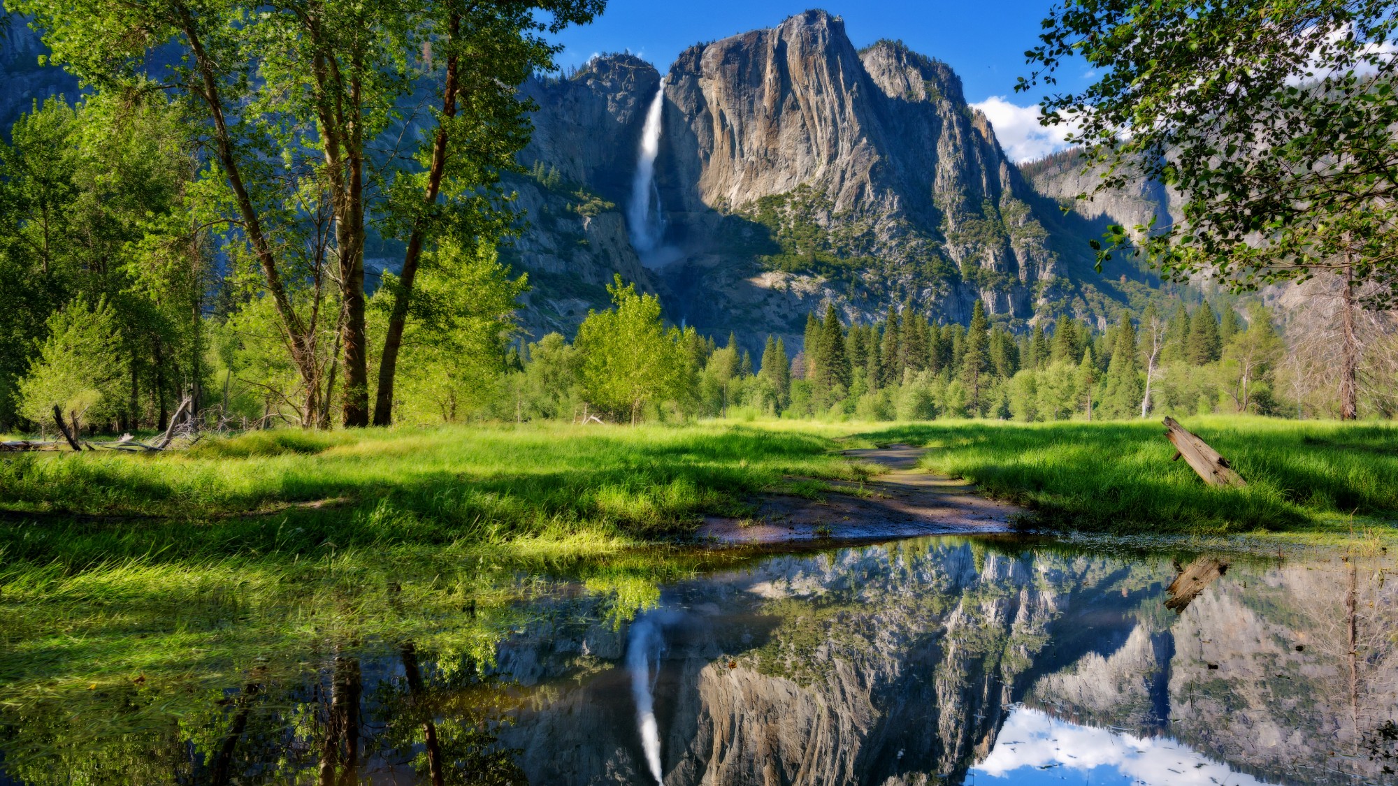 Yosemite Falls reflected in the water below