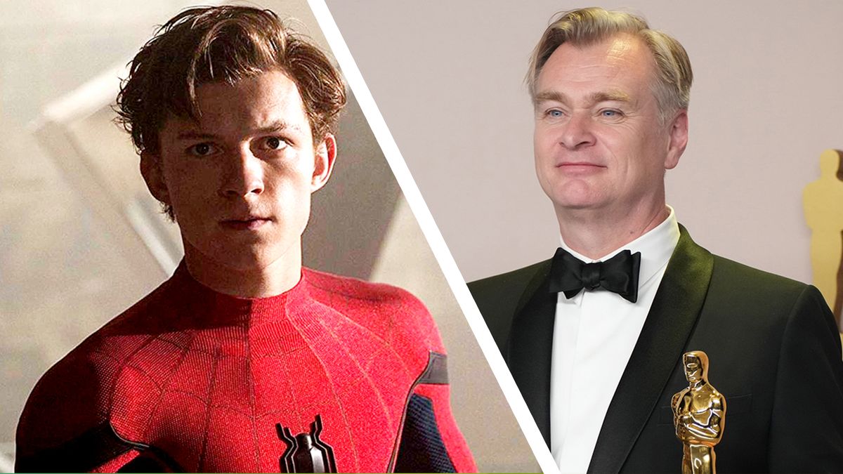 A collage image of Tom Holland&#039;s Spider-Man looking annoyed and Christopher Nolan holding an Oscar