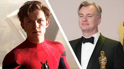 A collage image of Tom Holland's Spider-Man looking annoyed and Christopher Nolan holding an Oscar