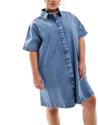 Asos Design Curve Short Sleeve Denim Shirt Dress in Midwash Blue