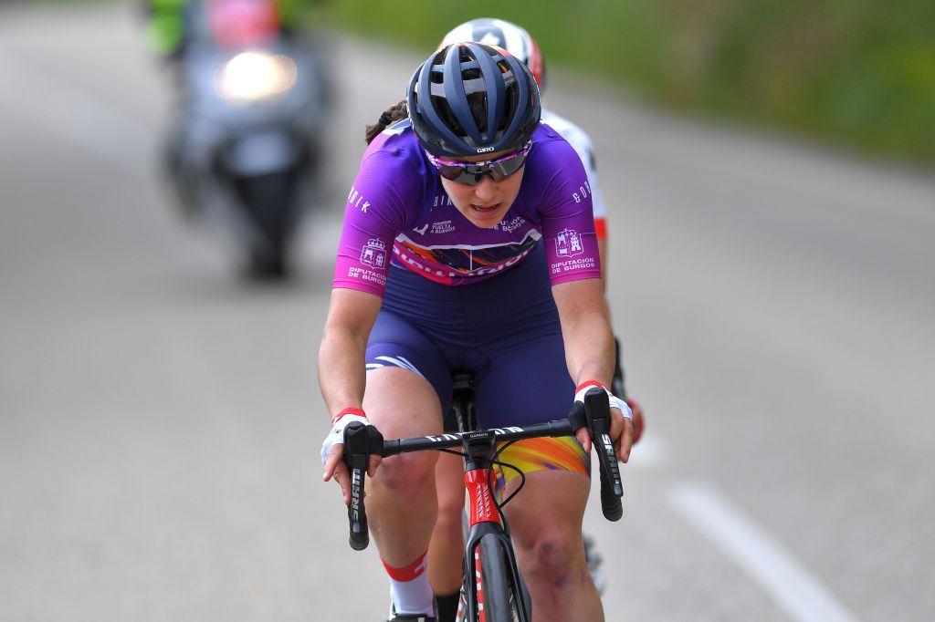 OJO GUAREA SPAIN MAY 22 Elise Chabbey of Switzerland and Team Canyon SRAM Racing Purple Leader Jersey during the 6th Vuelta A Burgos Feminas 2021 Stage 3 a 1154km stage from Medina de Pomar to Complejo Krstico de Ojo Guarea 768m VueltaBurgos BurgosFem UCIWWT on May 22 2021 in Ojo Guarea Spain Photo by Luc ClaessenGetty Images