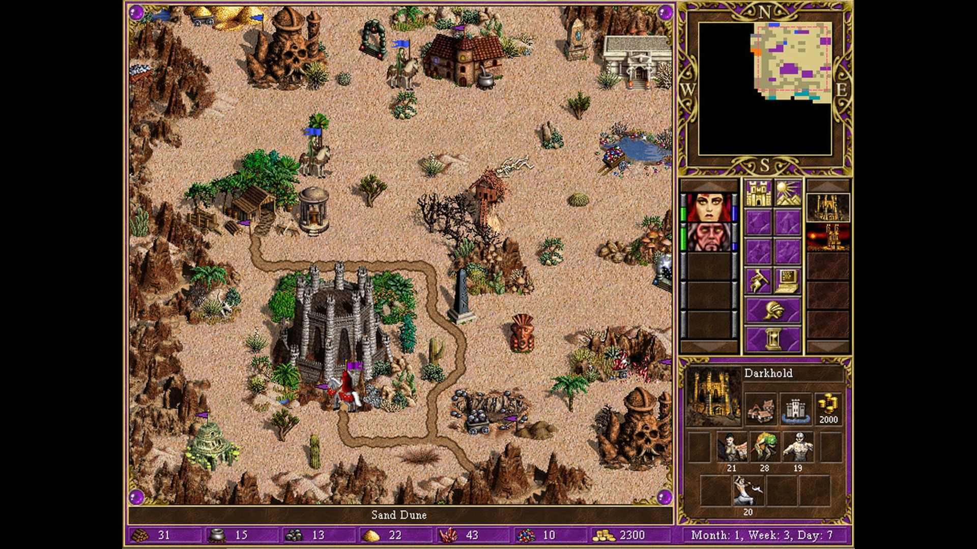 Exploring a sandy dune map in Heroes of Might and Magic 3: Complete