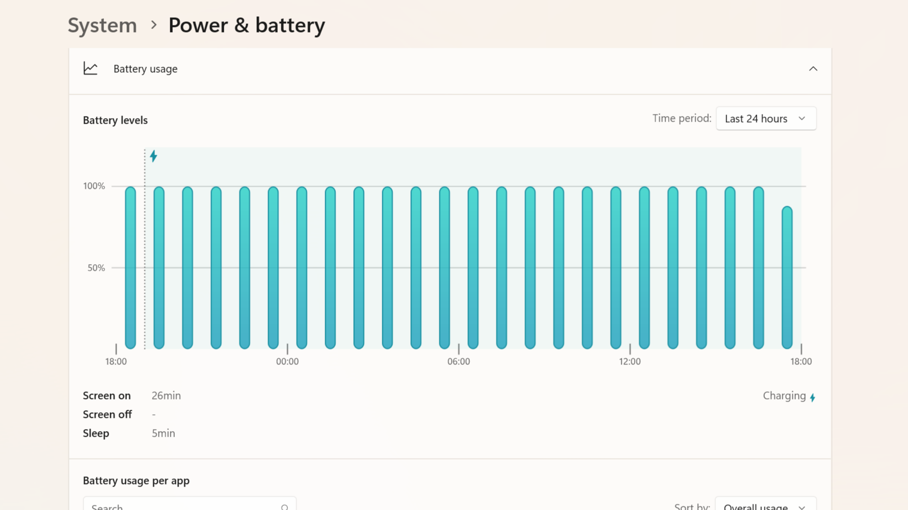 A Windows 11 screenshot showing the Power &amp;amp; Battery settings page.
