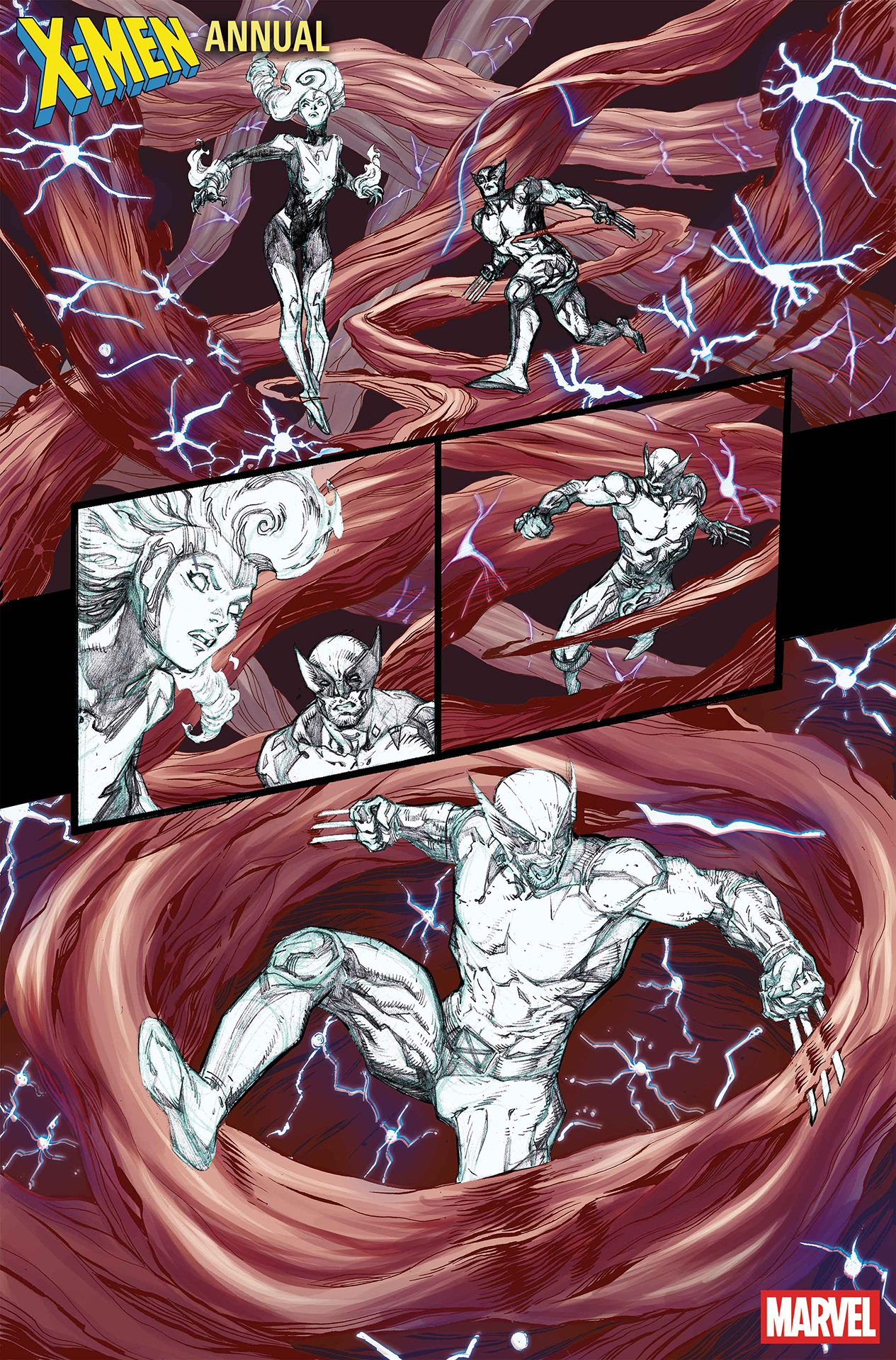 Wolverine and Phoenix in battle while depicted as unfinished drawings