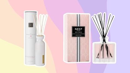 Best reed diffusers graphic on colorful wavy background with white Rituals reed diffuser and box, and Nest New York pink reed diffuser and box