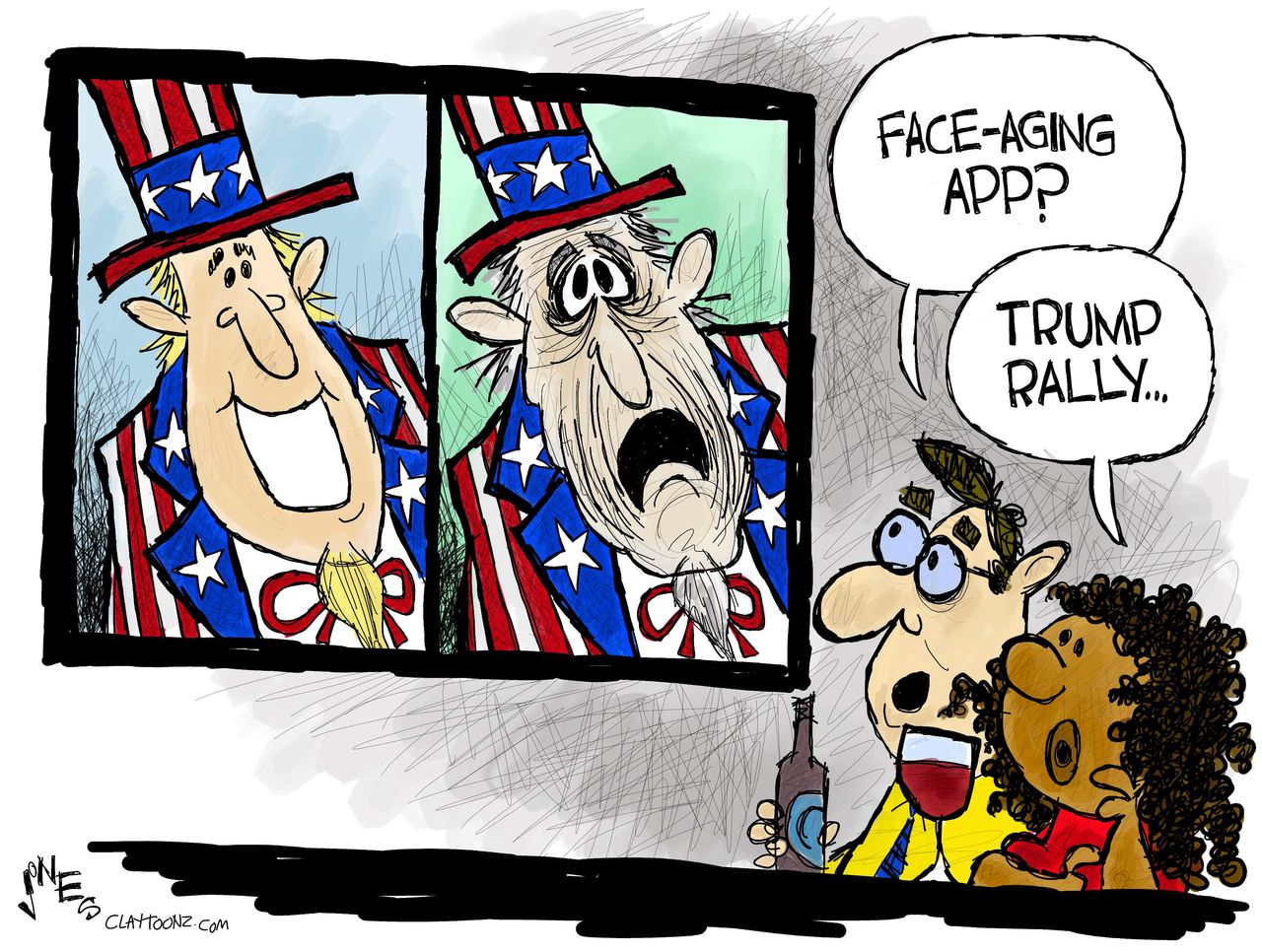 Political Cartoon U.S. FaceApp Aging Trump Rally Uncle Sam