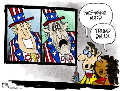 Political Cartoon U.S. FaceApp Aging Trump Rally Uncle Sam