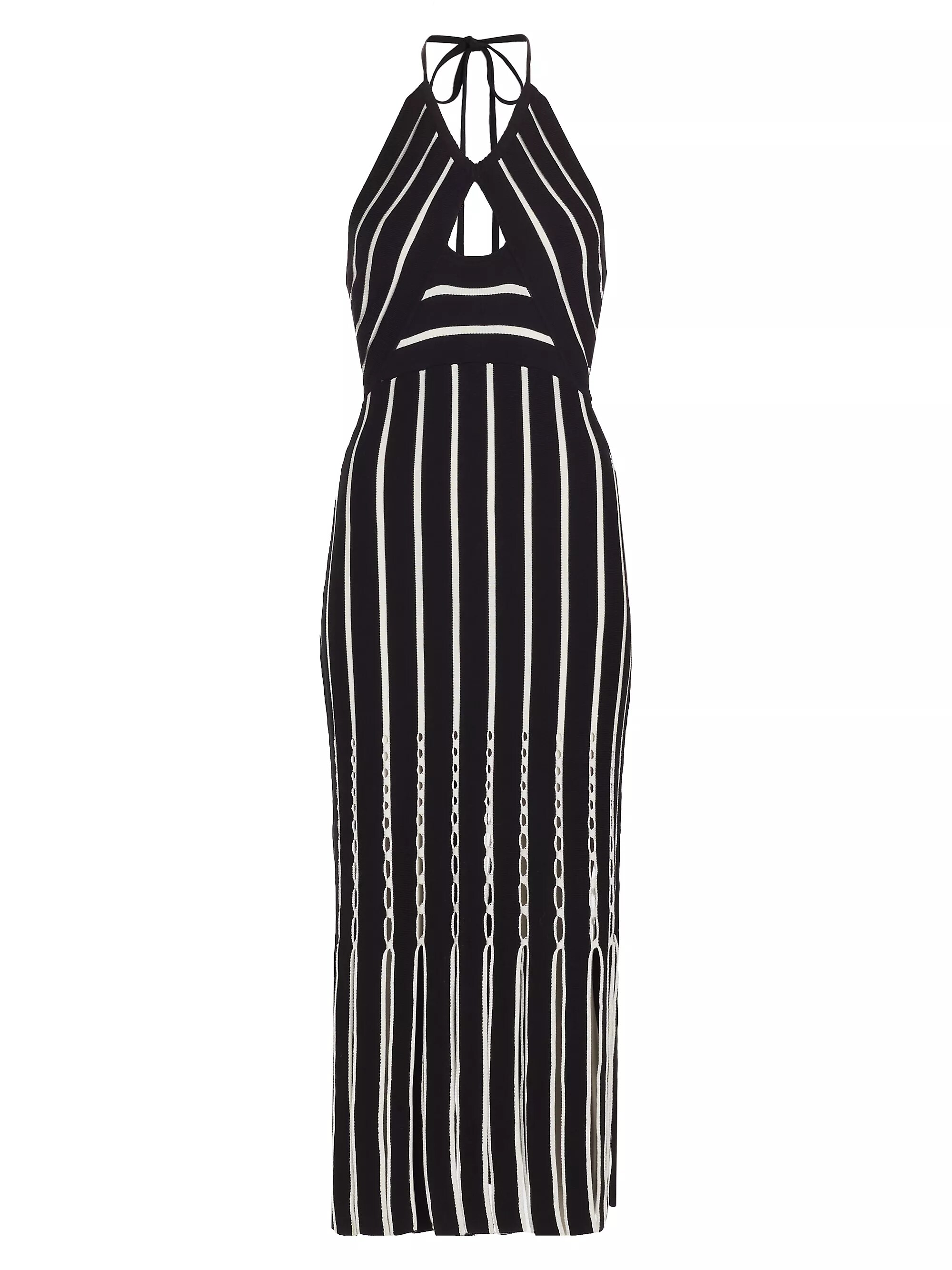 Frida Fringed Striped Cotton Halterneck Midi-Dress