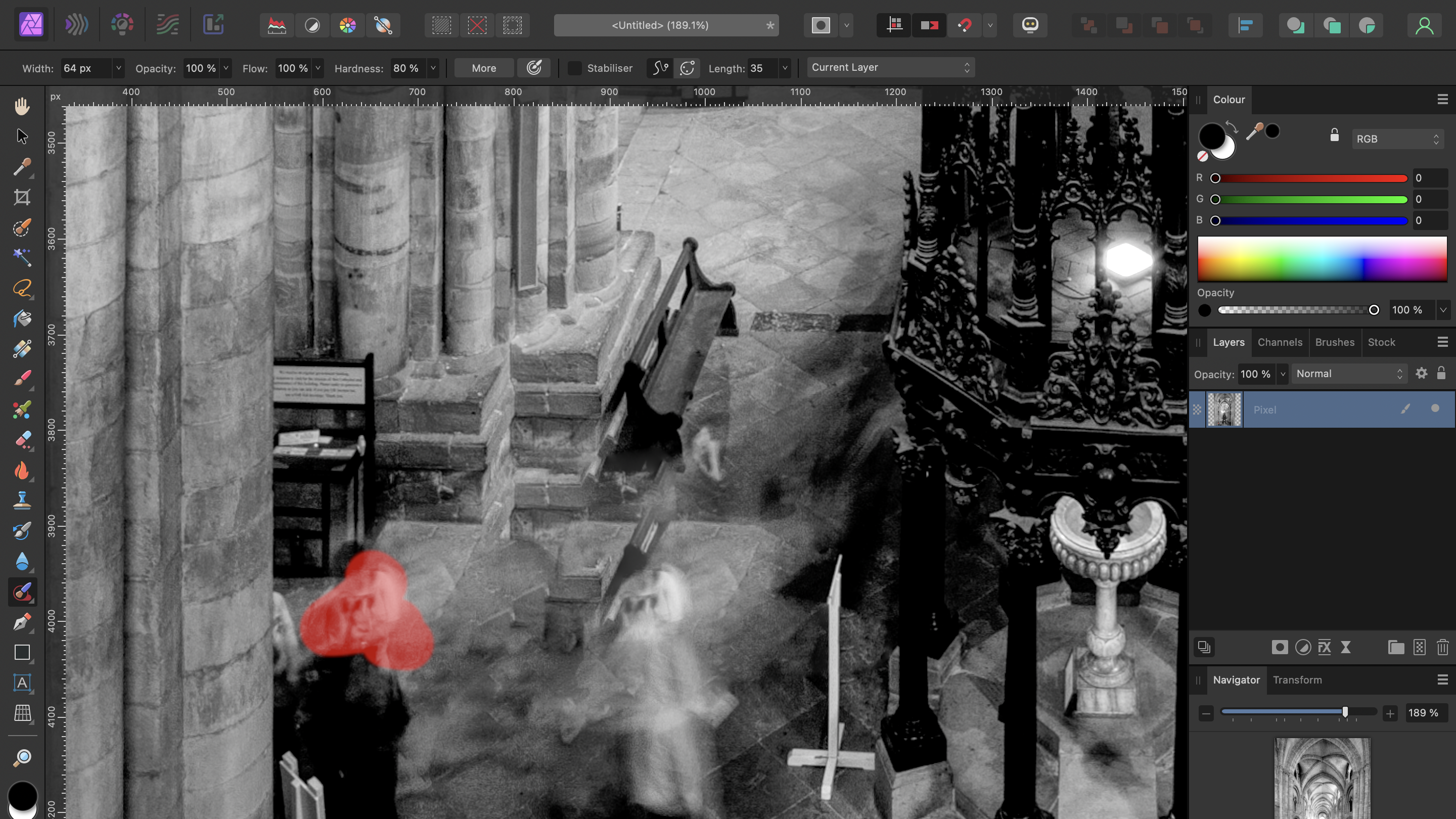 A black-and-white image of a church interior featuring stone columns, pews, and a digitally painted red-highlighted figure in Affinity Photo2